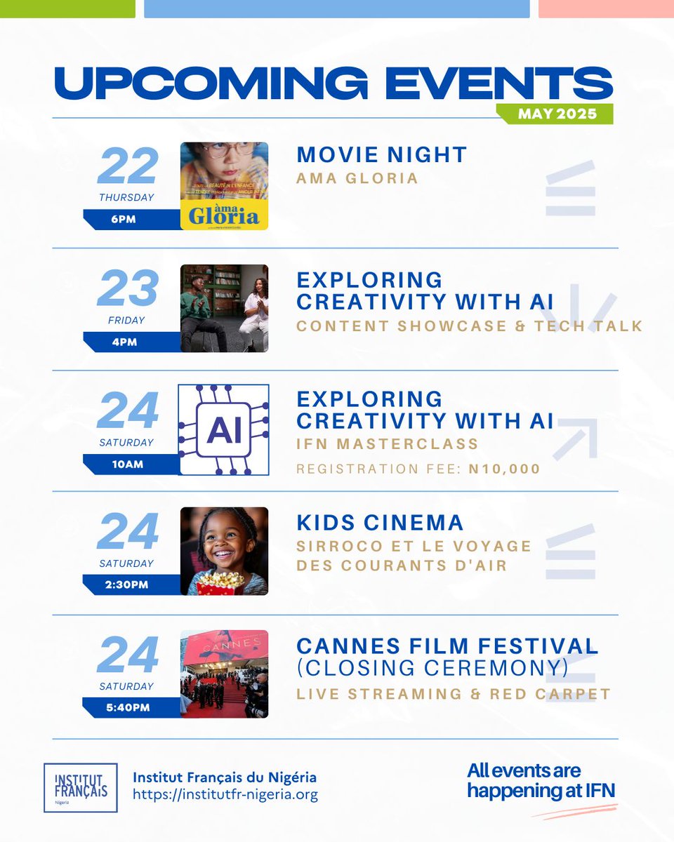 This week, we invite you to explore the intersection of culture, creativity, and innovation at these exciting lineup of events we have for you: 
🎬 Film Screenings
💬 A Tech Talk
🎨 A Creative Showcase
🤖 An AI Masterclass

#institutfrancaisdunigeria #AI #TechTalk #Abuja