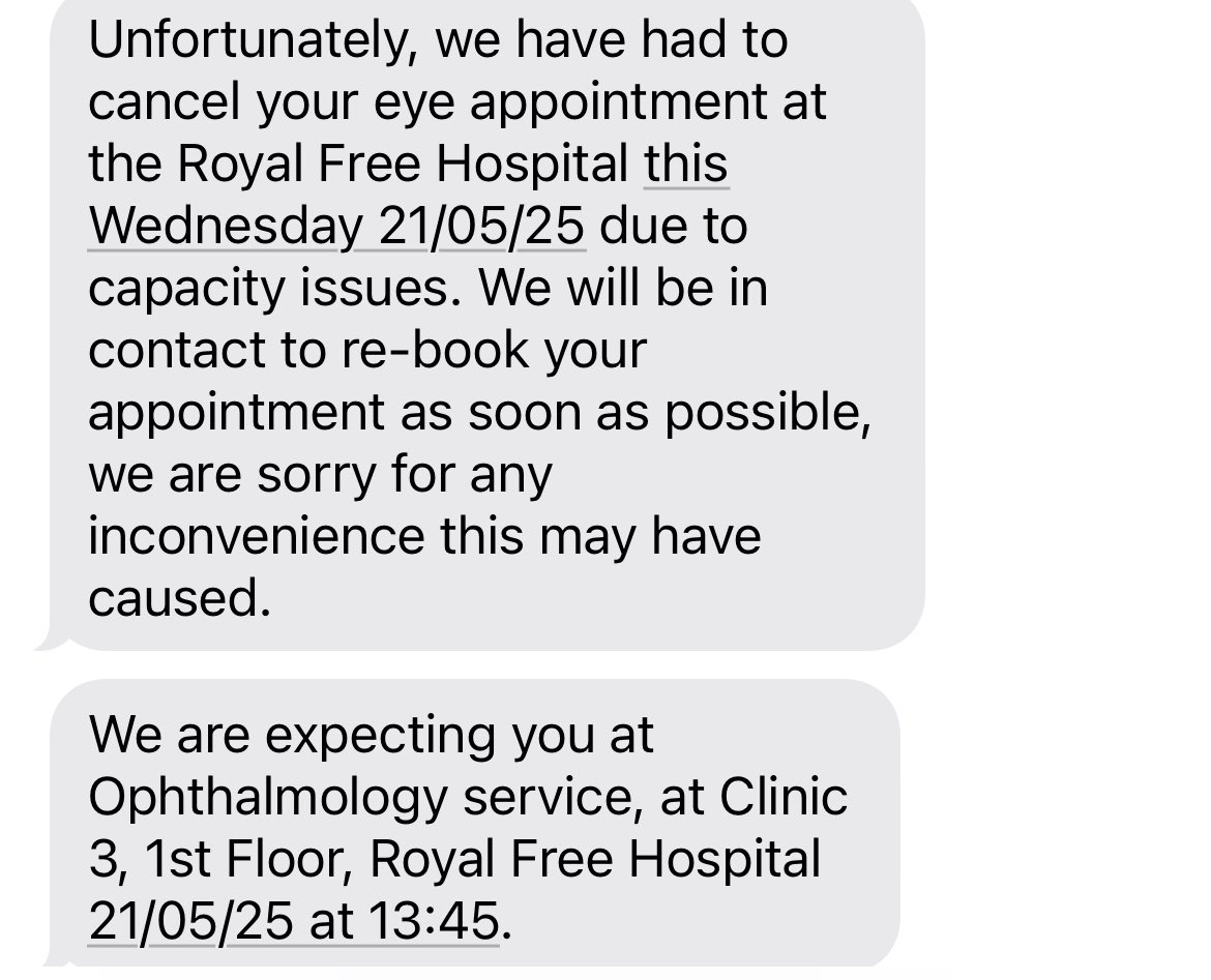 Stewart Purvis (@stewartpurvis) on Twitter photo Five months after my appointment was made for this Wednesday these two contradictory texts arrived today. <a href="/RoyalFreeNHS/">Royal Free London</a> Five months after my appointment was made for this Wednesday these two contradictory texts arrived today. <a href="/RoyalFreeNHS/">Royal Free London</a>