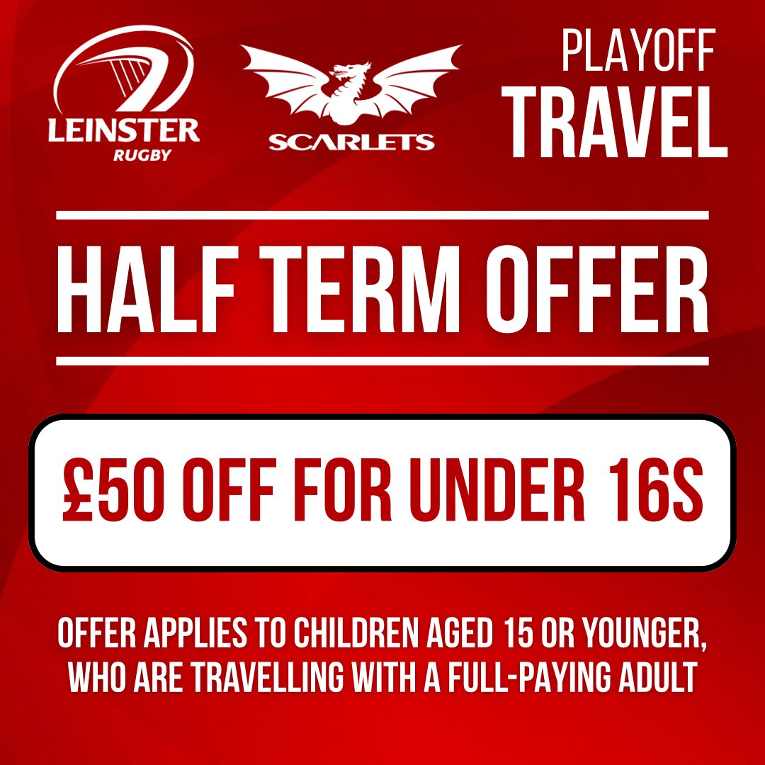 *HALF TERM OFFER*

The Leinster v Scarlets playoff will take place in half term week and we’d love to create some Scarlets noise in Dublin, so here’s a little offer...

📣😁