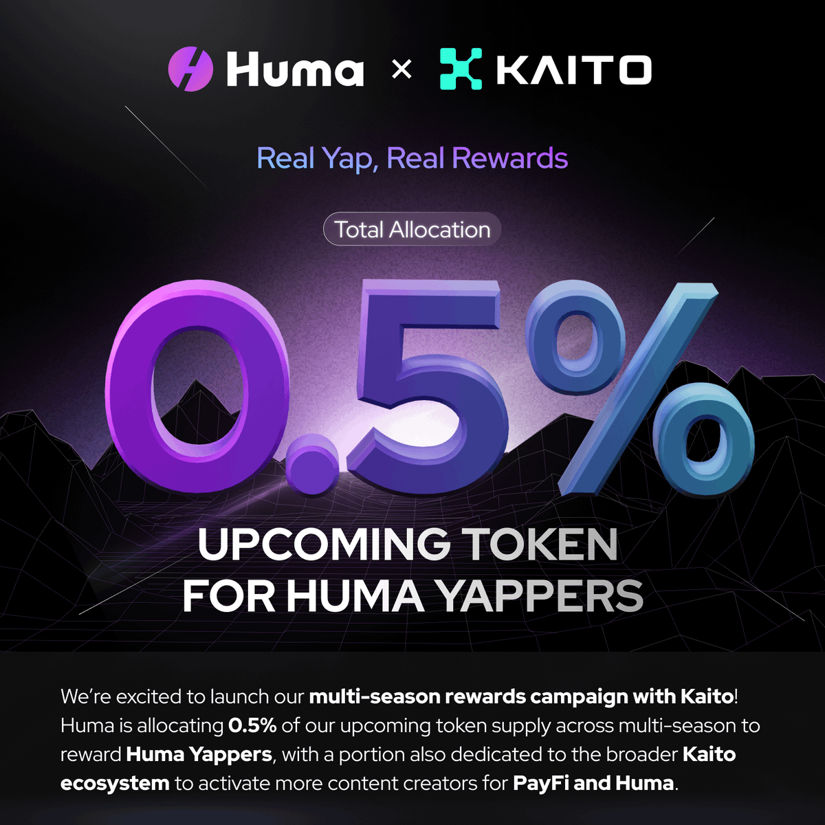 humafinance's tweet photo. We’re excited to launch our multi-season rewards campaign with @KaitoAI ! 

Allocating 0.5% of our upcoming token in rewards to Huma Yappers, with a portion also going to the wider Kaito ecosystem to activate more adoption for PayFi and Huma.

Start creating content around Huma to get involved with the rewards, and the PayFi movement!

Remember, quality, accuracy and consistency matters.