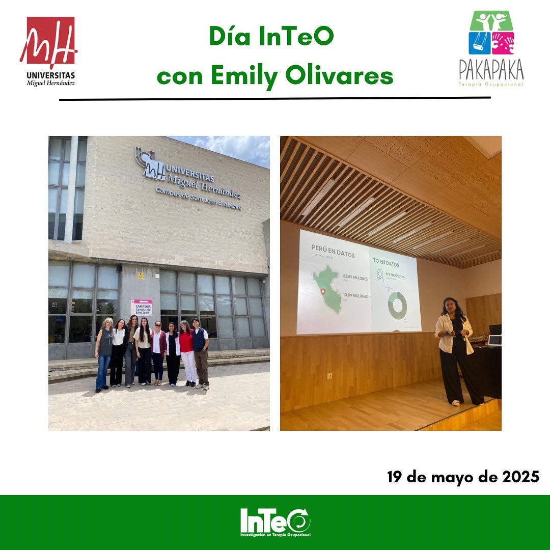 Hoy hemos tenido el placer de escuchar a Emily Olivares de Pakapaka terapia ocupacional, visto que se encuentra realizando una estancia en InTeO. Hemos compartido experiencias y aprendido sobre su trabajo en infancia.
Muchas gracias Emily 👏