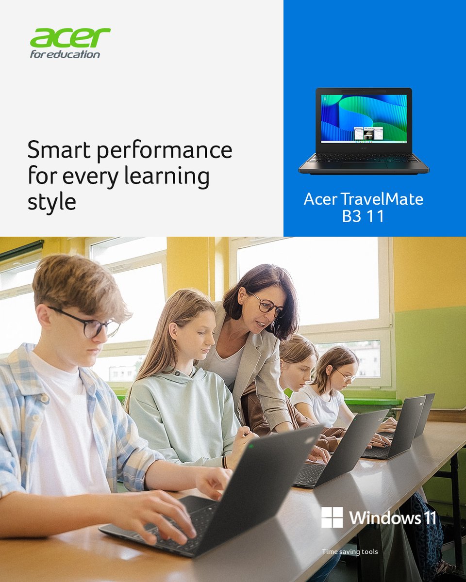 Acer_Education's tweet photo. Embrace the possibilities of #Windows11 with the new #AcerTravelMate B3 11: a durable, reliable, and easy-to-repair laptop designed for schools.

Bring the power of #AI into the classroom with Acer TravelMate: https://t.co/FavzWeCjII 

#AcerforEducation https://t.co/BozZelJkWr