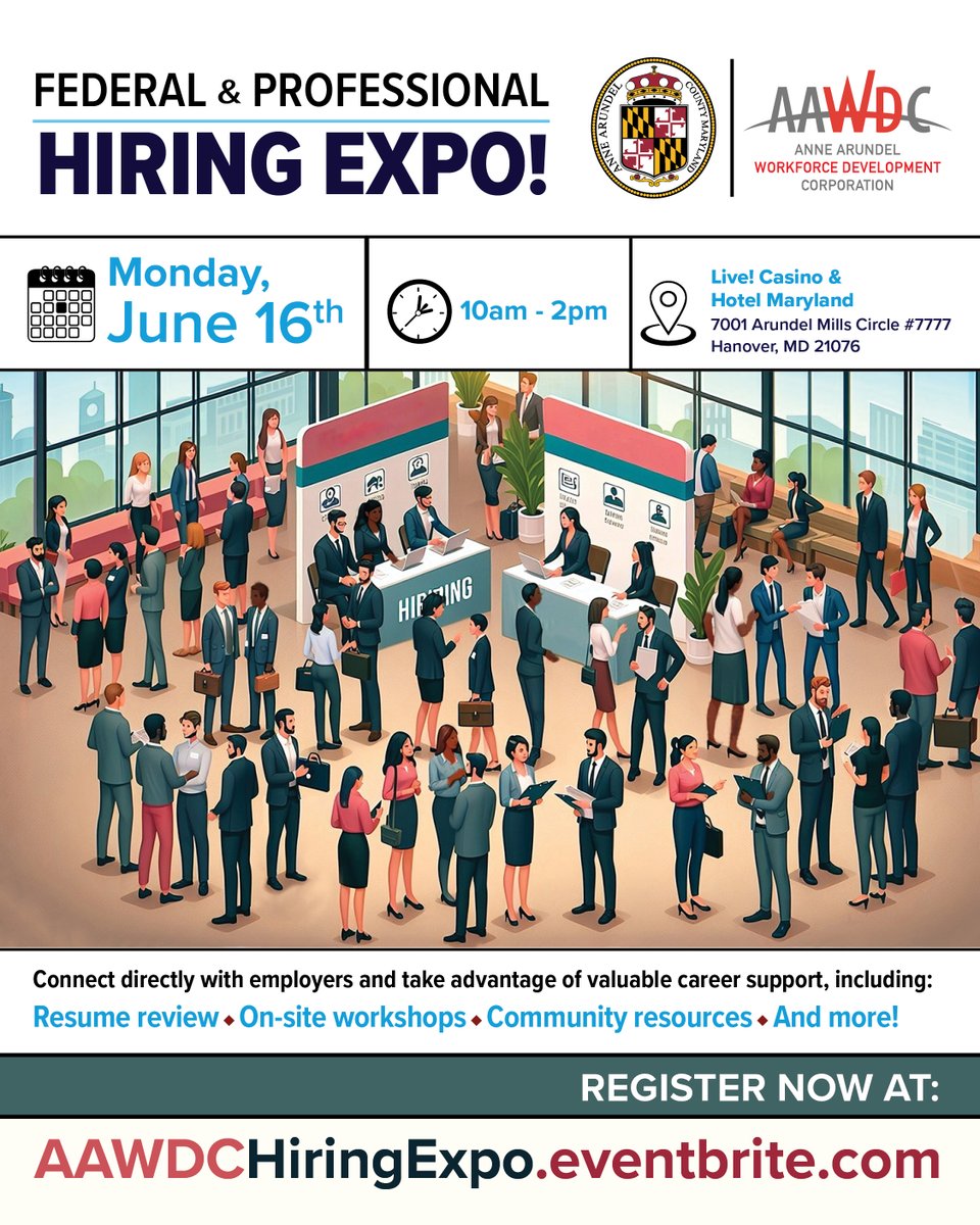 Join us on Monday, June 16th for a Federal &amp; Professional Hiring Expo!

When: Monday, June 16th | 10 a.m. - 2 p.m.
Where: Live! Casino &amp; Hotel Maryland

Register now at AAWDCHiringExpo.eventbrite.com.

#AAWDC #WorkforceDevelopment #NowHiring #HiringEvent #FederalWorkers #CareerSuccess