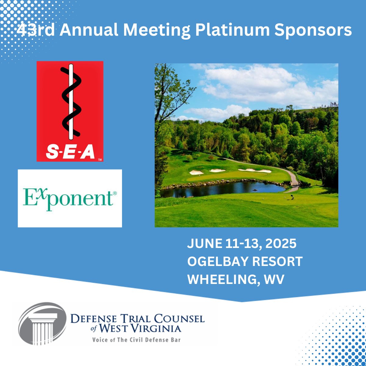 A BIG thank you to our #DTCWVAnnualMeeting Platinum Sponsors, S-E-A Limited, and Exponent. Your leadership, participation, and support aids us in building our network and fulfilling our mission. We’re excited to see you at Oglebay June 11-13!  rebrand.ly/cmhhoga #DTCWV