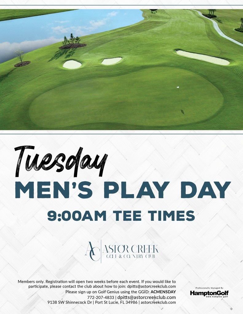 🏌️‍♂️Hey Gents, join us for Tuesday Men's Play Day!⁠
⁠
Tuesdays | 9:00 AM Tee Times⁠
Registration opens via Golf Genius two weeks before each event.

Members only. If you would like to participate, please contact the Club about how to join: dpitts@astorcreekclub.com⁠