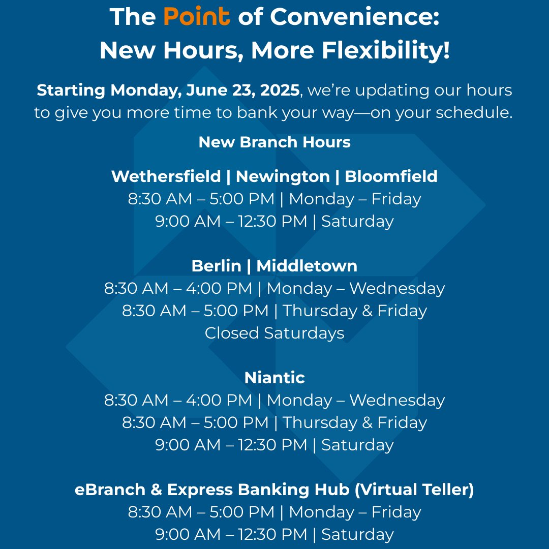 DutchPointCU's tweet image. We’re updating our branch hours starting June 23rd to give you more time to bank at your point of convenience. More time. More access. More ways to make your point.
#YourPointOfConvenience #BankOnYourTerms #DutchPointCU