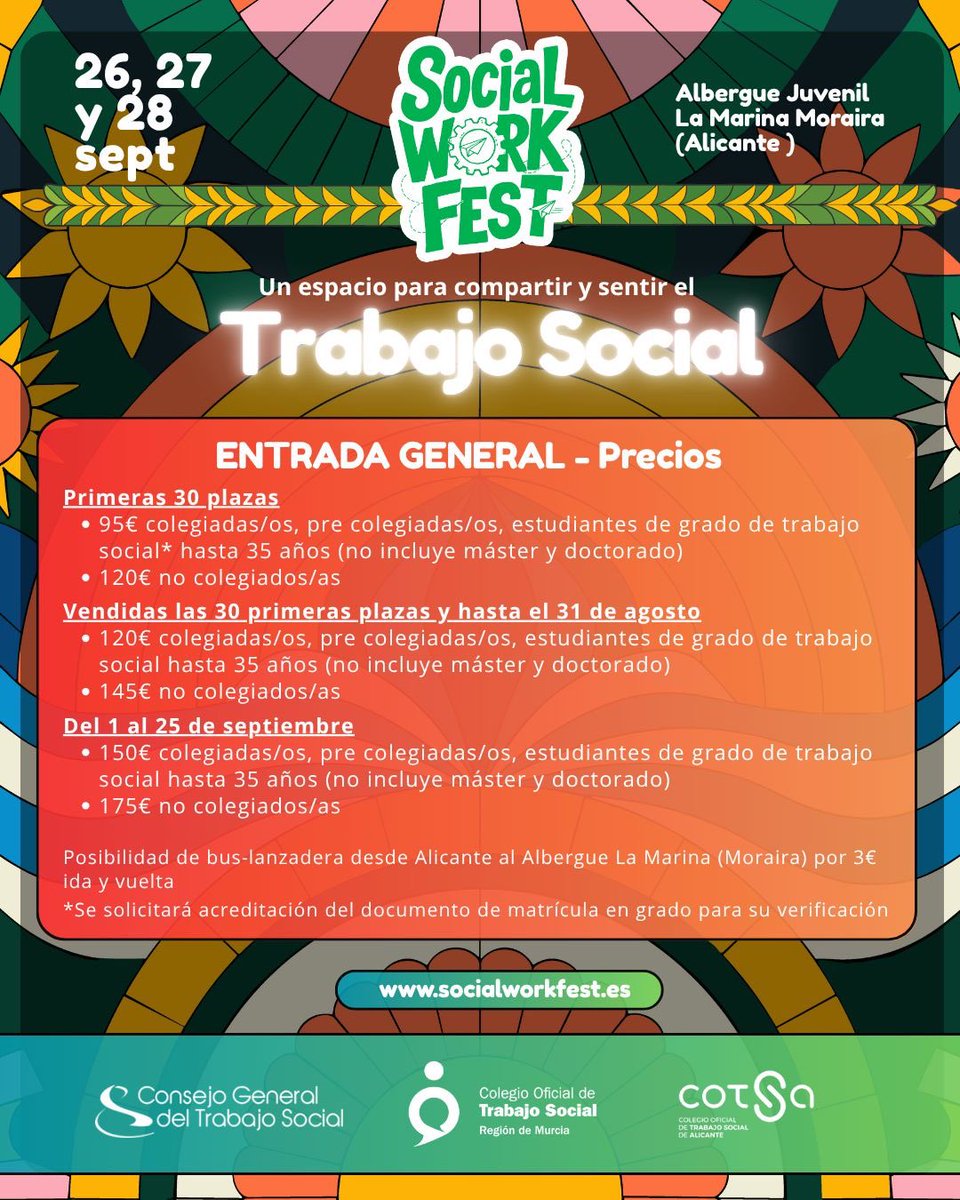 cgtrabajosocial's tweet photo. 📢¡ENTRADAS YA A LA VENTA EN LA PÁGINA WEB DEL SWF!

🔖ENTRADA GENERAL
- Alojamiento con pensión completa
- Programa completo de actividades
- Pack de bienvenida
- Certificado de aprovechamiento
🔖ENTRADA SIN ALOJAMIENTO
- Régimen de comida y cena
- Programa completo de actividades
- Pack de bienvenida
- Certificado de aprovechamiento

🎉🎉🎉https://t.co/6uosztpAZL