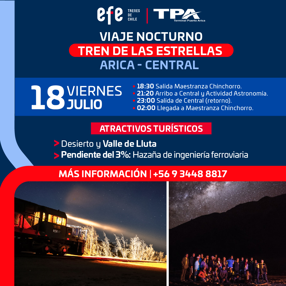 ¡No te pierdas el increíble viaje nocturno del "Tren de las Estrellas" 🚄 hasta Central 👏!

Vive una experiencia única recorriendo el desierto y el Valle de Lluta en nuestro tren patrimonial 🚉.

Conoce más información aquí 👉 aricapazefe.ncas.app/portal