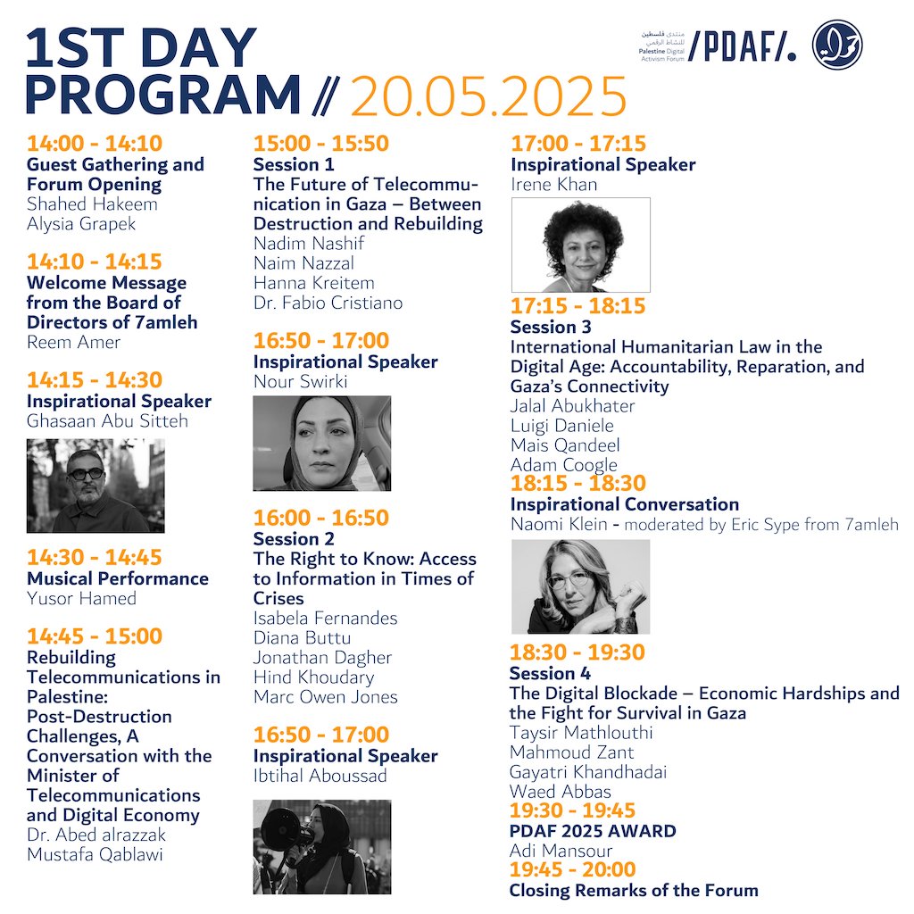 AlShabaka's tweet photo. Starting Tomorrow!
Palestine Digital Activism Forum (PDAF) 2025 starts tomorrow & you should register at the link below & get a front seat to so many important panels and discussion!
Register: https://t.co/QxkgDngVFC
#PDAF #PDAF2025
@7amleh https://t.co/mIq3eC18V4