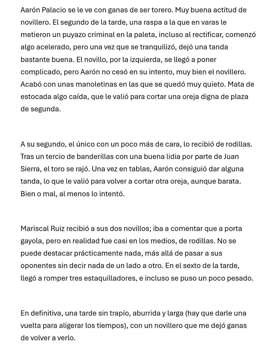 Crónica de un abonado a la Real Maestranza de Caballería de Sevilla.
18 de Mayo de 2025 Sevilla Novillos de Fuente Ymbro para Manuel Román, Aarón Palacio y Mariscal Ruiz.