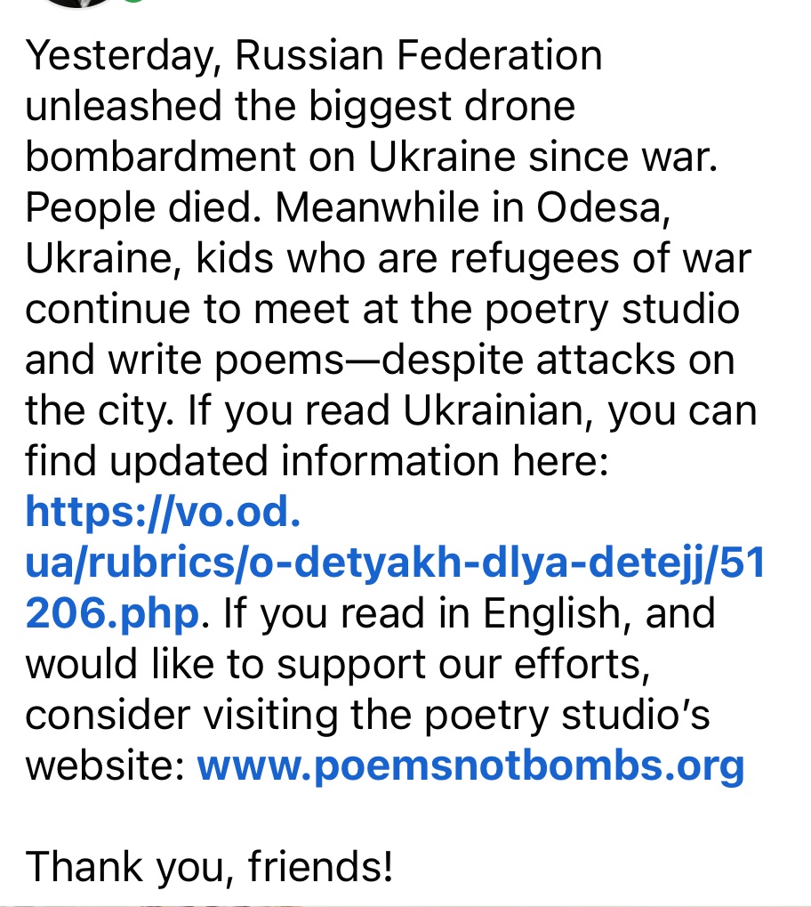 ilya_poet's tweet photo. Yesterday, Russia unleashed the biggest drone bombardment on Ukraine since war. People died. Meanwhile in Odesa, Ukraine, kids who are refugees of war continue to meet at the poetry studio and write poems—despite attacks on the city.

Please support:

https://t.co/7CQ4Qe2fur https://t.co/ZDdKFCEqj1