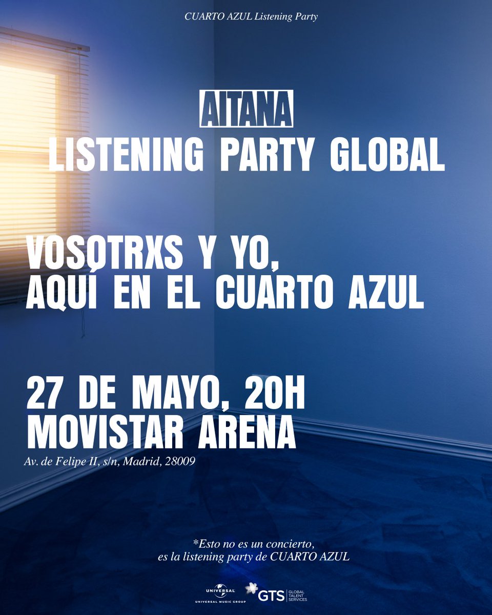 Aitanax's tweet photo. 27 DE MAYO
LISTENING PARTY para escuchar mi nuevo álbum “CUARTO AZUL” todos juntos en @movistararenaes 🦋

mañana directo a las 23:00 en ig para contaros mejor :) https://t.co/7YIwSJZdcA