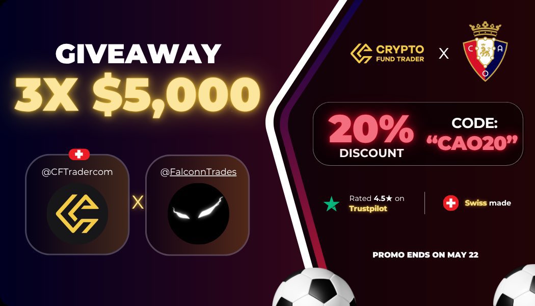 🚨 3x $5,000 Funded Accounts. 

To enter: 

1) Follow <a href="/FalconnTrades/">FT</a> &amp; <a href="/CFTradercom/">Crypto Fund Trader</a> 
2) Like &amp; RT this post
3) Tag 4 friends in replies
4) join: discord.gg/kinetictraders

Avail 20% discount on CFT’s accounts by using “CAO20”

Ends in 48 hours ⏳