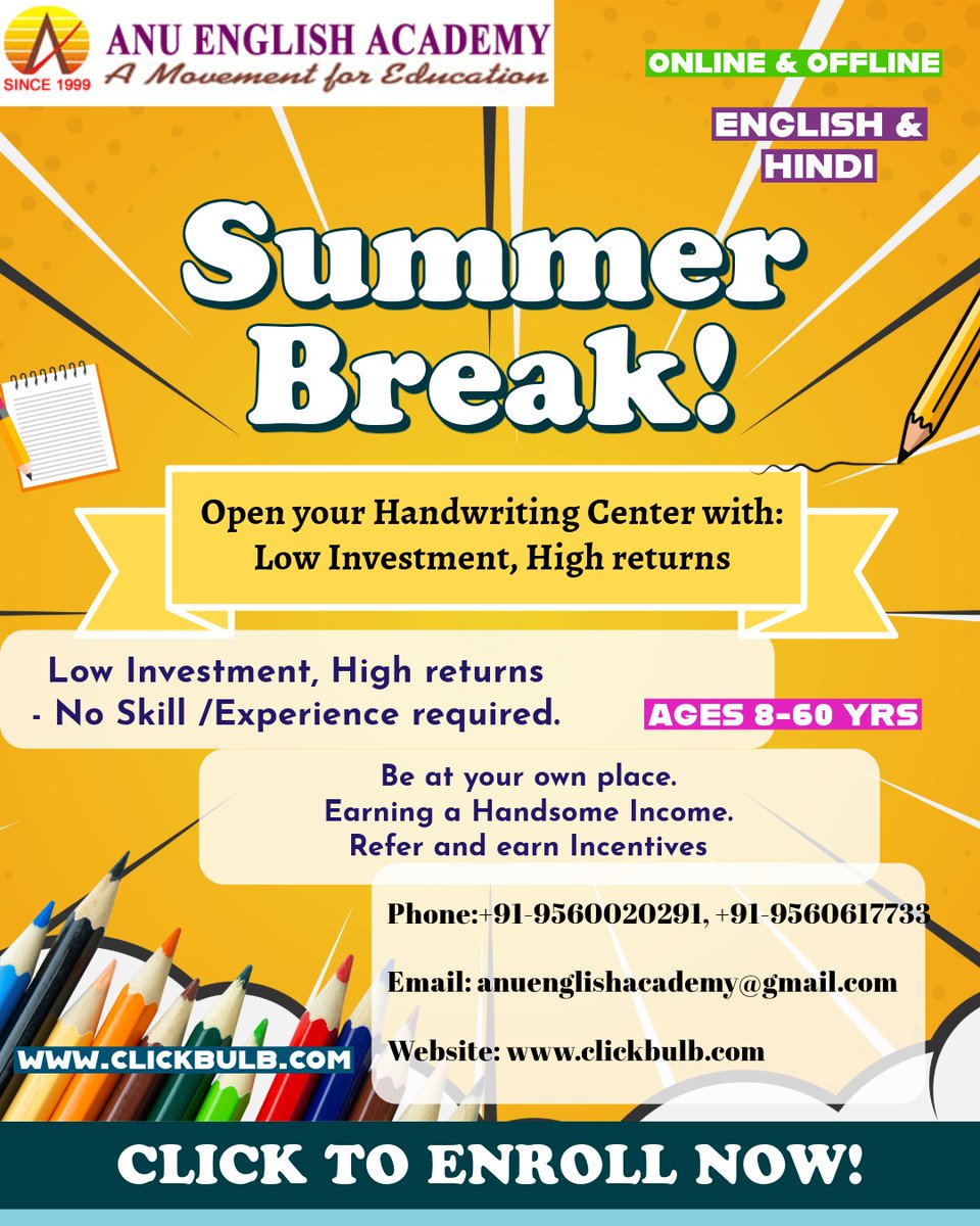 anu_english's tweet photo. 🎉 Summer Break ka perfect fayda!
Apna handwriting center shuru karo – bina kisi experience ke, kam investment mein shandar income kamao!
Online aur offline dono mode available. 
#handwritingimprovement #Education  #AnusEnglishAcademy #summervacation https://t.co/syficExkrp