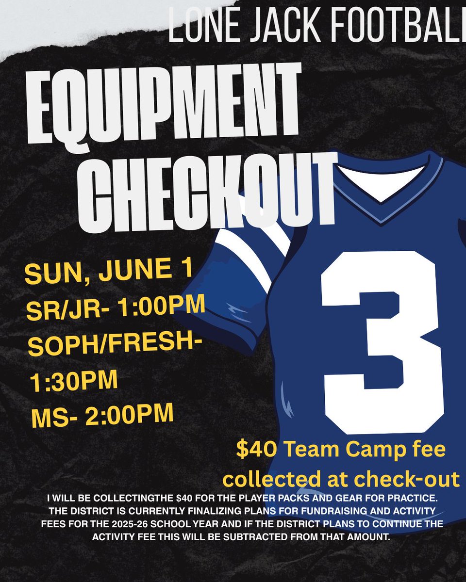 We will be moving our Equipment Checkout Times to accommodate and celebrate LJ Baseball's deep state-tournament run! Go Mules!!!