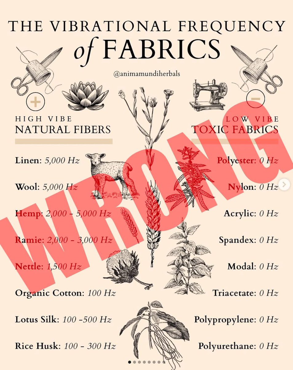 This post contains major inaccuracies. Fabrics don’t vibrate at audible frequencies (Hz); natural ones like linen may resonate in the MHz range. Misusing audio frequency charts undermines legit vibrational wellness work. Let’s raise the bar. #FrequencyMedicine 
<a href="/animamundiherbs/">Anima Mundi Herbals</a>