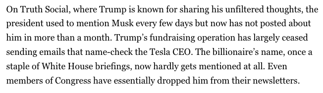 Trump has essentially stopped using Elon Musk in public messaging altogether. Terrific data points from <a href="/jsscppr/">Jessica Piper</a> and <a href="/hollyotterbein/">Holly Otterbein</a> 

politico.com/news/2025/05/1…