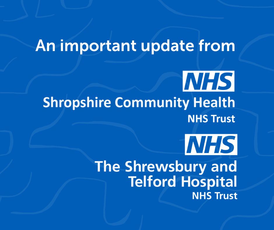 Please visit here shropscommunityhealth.nhs.uk/news?itemid=10… for an important update from Shropshire Community Health NHS Trust and the Shrewsbury and Telford Hospital NHS Trust.
<a href="/sathNHS/">SaTH</a>