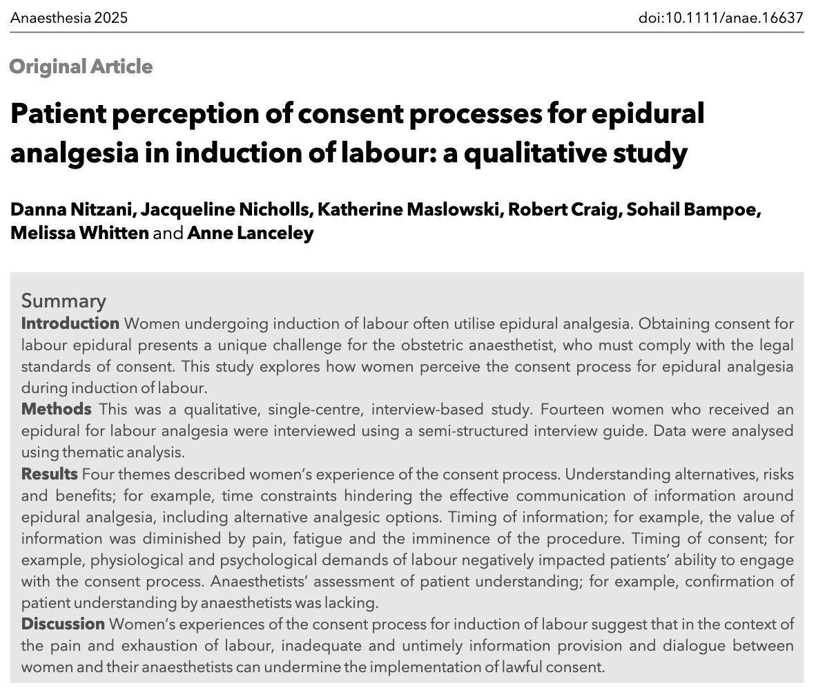 How do women perceive the consent process for epidural analgesia during induction of labour?

#anaesthesia #MedTwitter #obstetrics

doi.org/10.1111/anae.1…