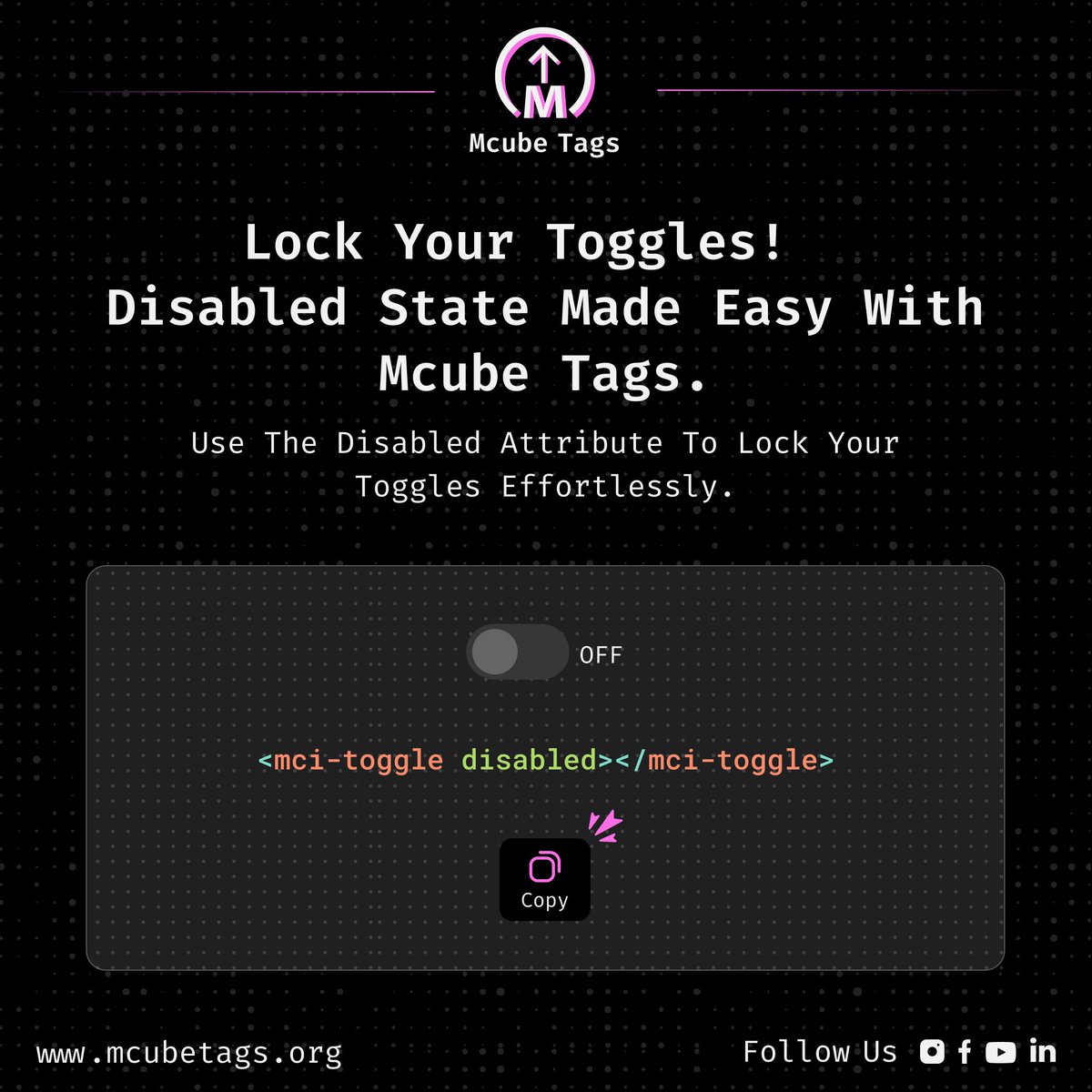 McubeTags's tweet image. 🚫 Disable interaction instantly!
Add disabled to your MCI Toggle for a non-clickable switch.
&amp;lt;mci-toggle disabled&amp;gt;&amp;lt;/mci-toggle&amp;gt;

#htmlattributes #webcomponents #frontendtips #customui #mcutoggle