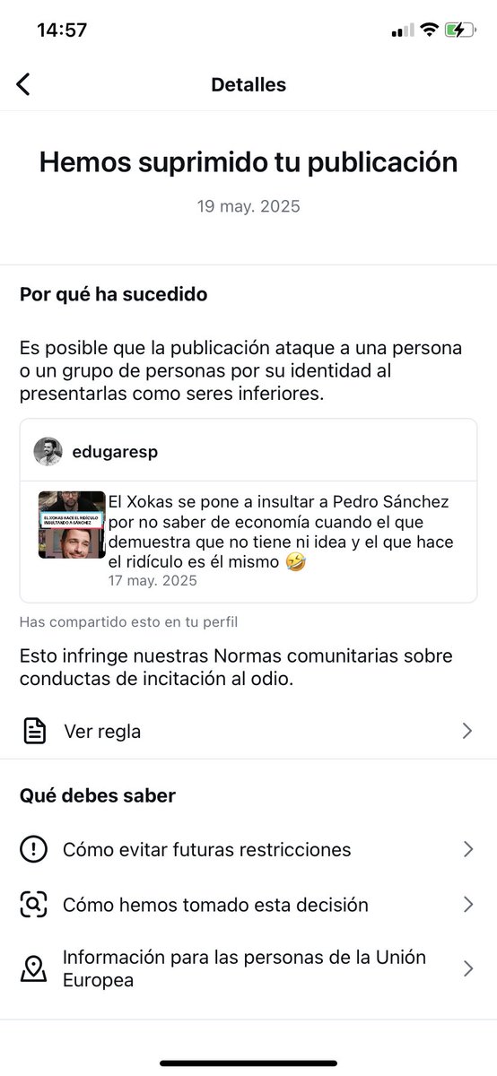 edugaresp's tweet photo. Esto es alucinante: @elxokas y sus bots han denunciado masivamente el vídeo en el que le respondía e Instagram me lo ha eliminado.

Es tremendo porque él insulta gravemente a Pedro Sánchez (y ahí sigue su vídeo) y yo me limito a señalar que el youtuber no sabe nada de economía… https://t.co/aLcvratf7z