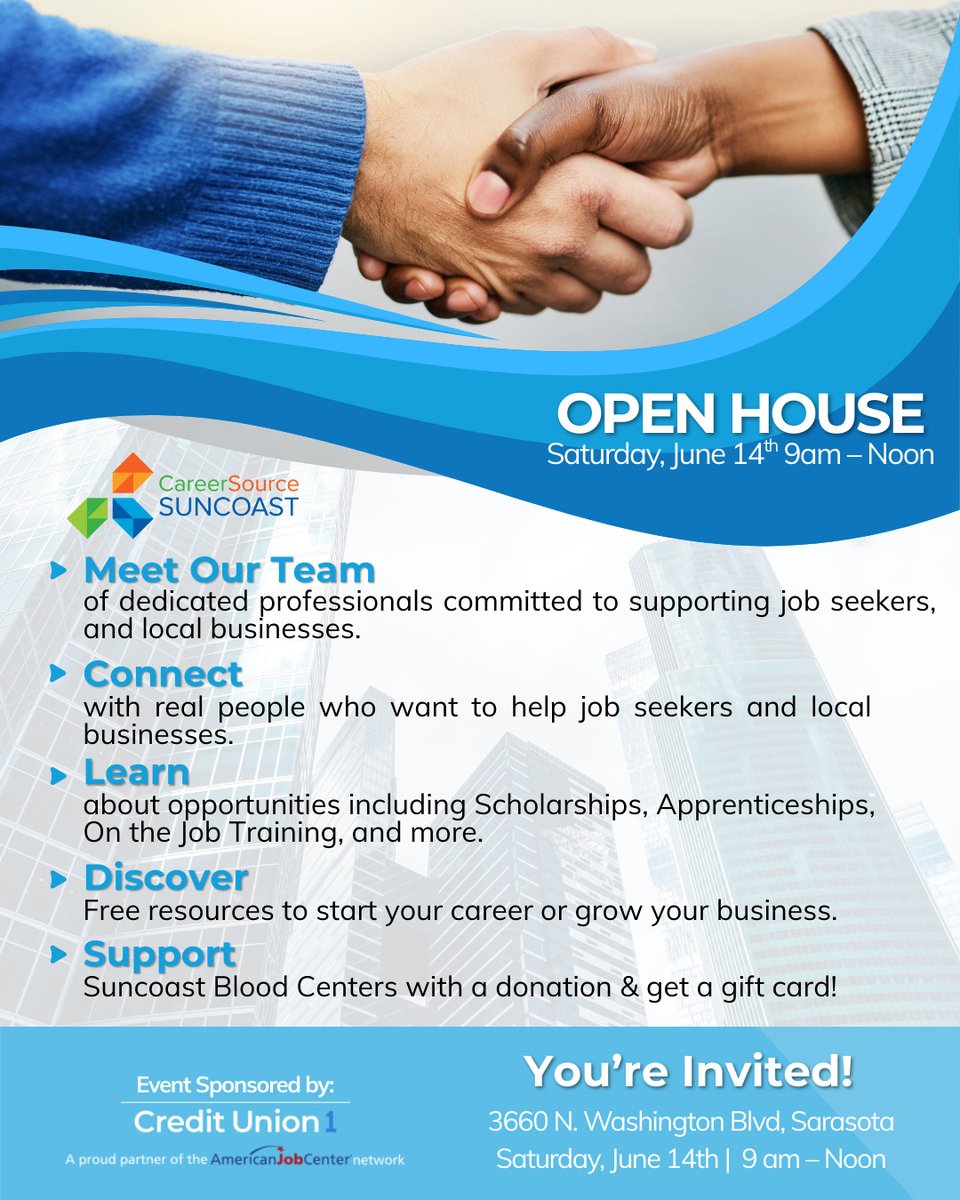 CareerSourceSC's tweet image. Join us Saturday, June 14th from 9 AM to Noon at CareerSource Suncoast for our Open House! Meet our team, explore career resources, enjoy complimentary refreshments, and win some great giveaways!
3660 N. Washington Blvd, Sarasota 34234
#Openhouse
#ManateeCounty
#SarasotaCounty