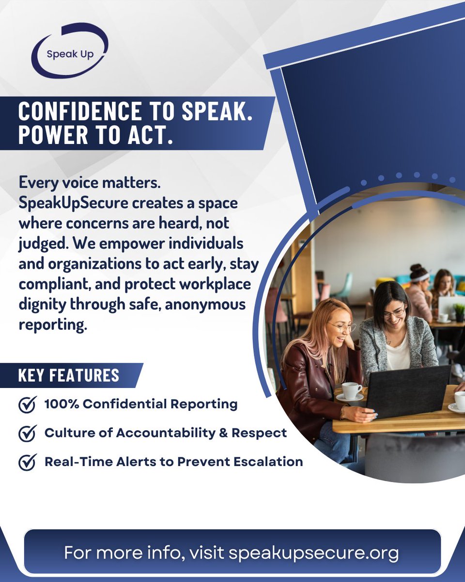SpeakUpSecure's tweet photo. Speak with confidence. Act with purpose.
@speakupsecure lets you report workplace issues 100% anonymously — promoting trust, respect &amp; real-time action.
✅ Confidential
✅ Respectful
✅ Action-Oriented

🌐 https://t.co/XdDGBse4fg
#SpeakUpSecure #SafeWorkplace #AnonymousReporting https://t.co/awmmiGFKzp
