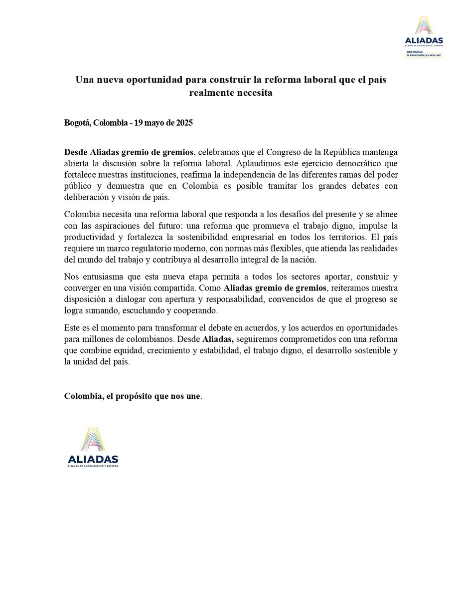 Alianza ALIADAS (@aliadasalianza) on Twitter photo Comunicado a la opinión publica 🚨
Desde #AlianzaAliadas, celebramos que el Congreso mantenga abierta la discusión. Es momento de avanzar hacia una reforma que promueva trabajo digno, productividad y sostenibilidad empresarial. <a href="/larepublica_co/">Diario La República</a> <a href="/lafm/">La FM</a> <a href="/ELTIEMPO/">EL TIEMPO</a> <a href="/ElNuevoSiglo/">EL NUEVO SIGLO</a> Comunicado a la opinión publica 🚨
Desde #AlianzaAliadas, celebramos que el Congreso mantenga abierta la discusión. Es momento de avanzar hacia una reforma que promueva trabajo digno, productividad y sostenibilidad empresarial. <a href="/larepublica_co/">Diario La República</a> <a href="/lafm/">La FM</a> <a href="/ELTIEMPO/">EL TIEMPO</a> <a href="/ElNuevoSiglo/">EL NUEVO SIGLO</a>