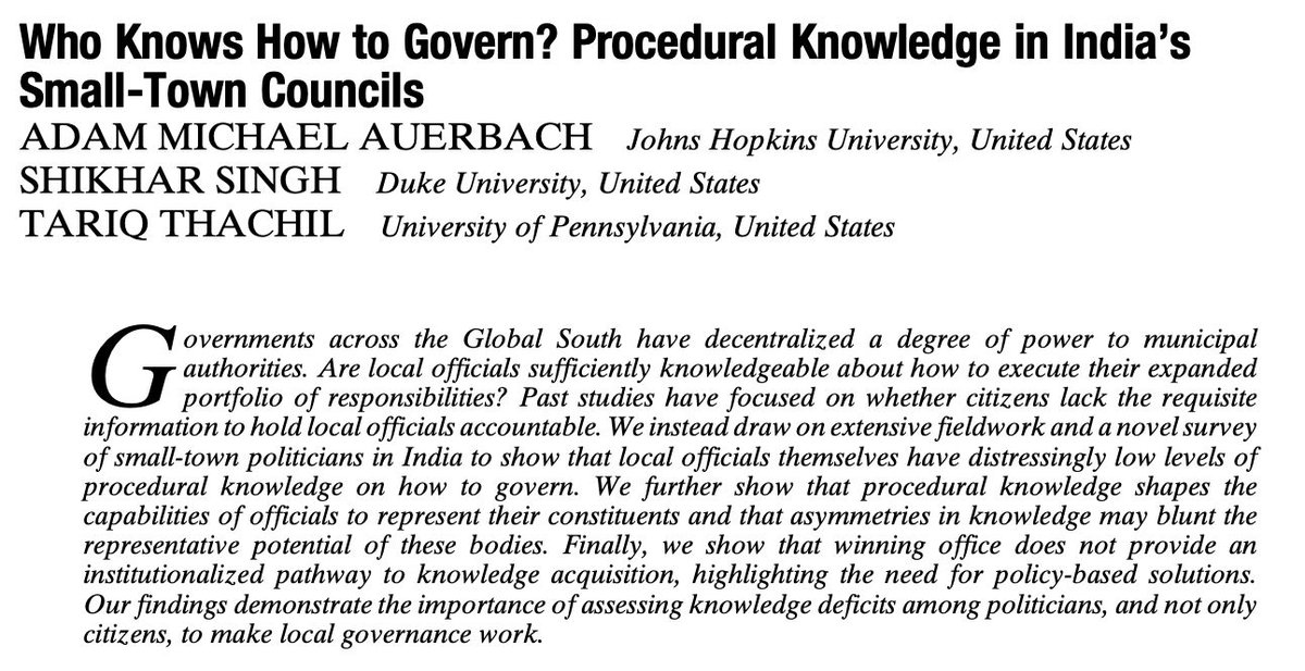 American Political Science Review (@apsrjournal) on Twitter photo From our new issue: "Who Knows How to Govern? Procedural Knowledge in India’s Small-Town Councils" by Adam Auerbach (<a href="/adam_m_auerbach/">Adam Auerbach</a>), Shikhar Singh (<a href="/shikhar_46/">Shikhar Singh</a>), and Tariq Thachil (<a href="/tariqthachil/">Tariq Thachil</a>). #APSRNewIssue cambridge.org/core/journals/… From our new issue: "Who Knows How to Govern? Procedural Knowledge in India’s Small-Town Councils" by Adam Auerbach (<a href="/adam_m_auerbach/">Adam Auerbach</a>), Shikhar Singh (<a href="/shikhar_46/">Shikhar Singh</a>), and Tariq Thachil (<a href="/tariqthachil/">Tariq Thachil</a>). #APSRNewIssue cambridge.org/core/journals/…
