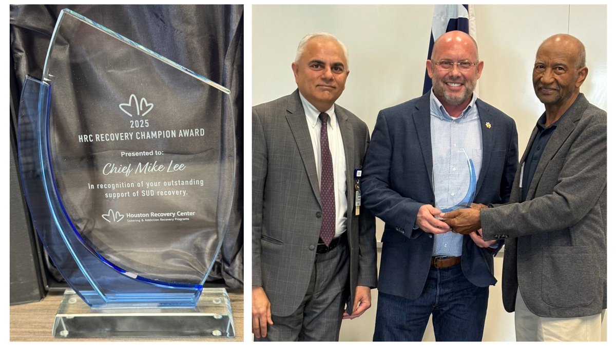 HCSO_MikeLee's tweet photo. I am humbled to receive the 2025 Recovery Champion Award from the Houston Recovery Center. Known by Houston area police as the โsobering centerโ. For over 10 yrs HRC has diverted 98% of publicly inebriates from jail & into services, allowing police to quickly return to service. https://t.co/lsAKeLH19l
