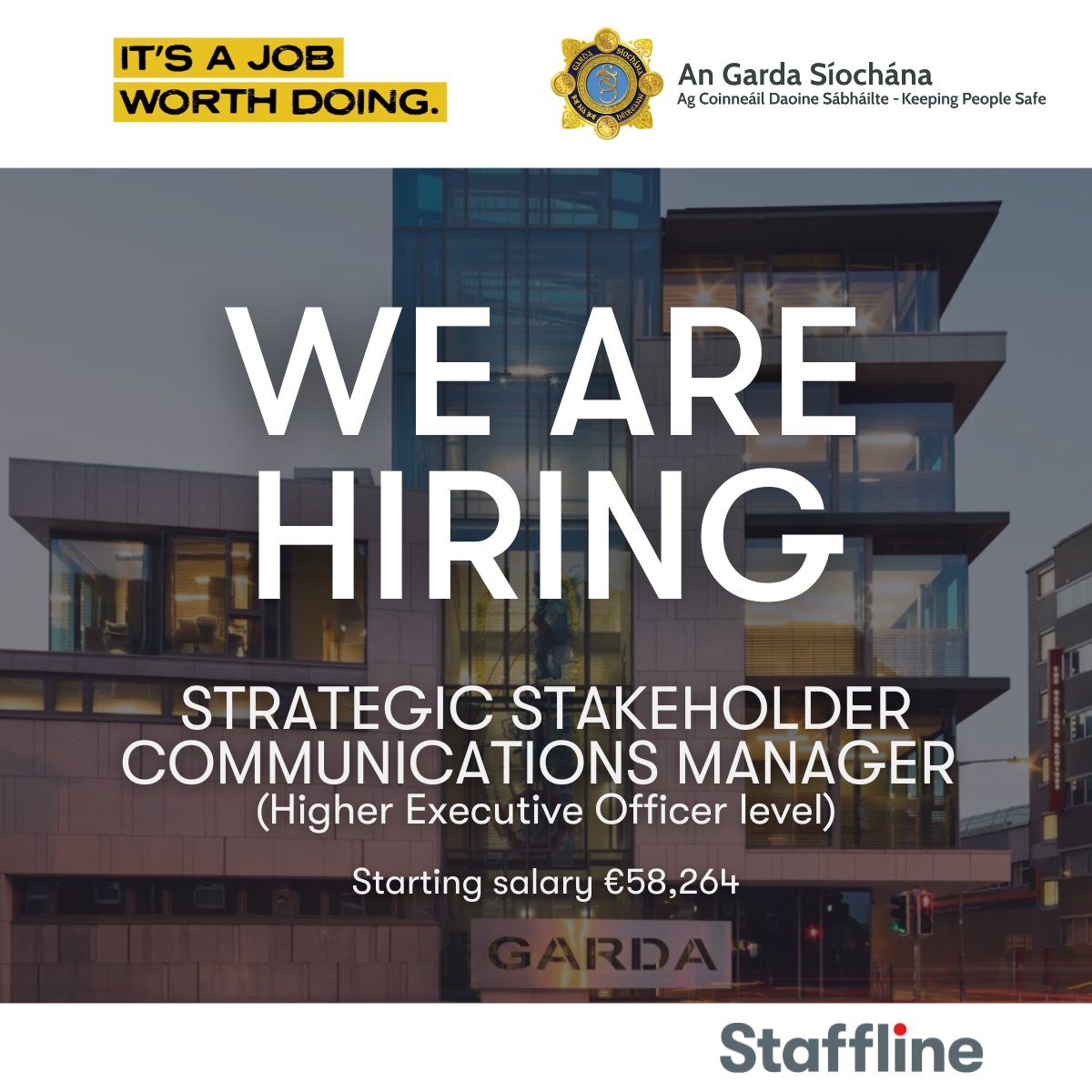 Garda Info (@gardainfo) on Twitter photo Now recruiting - Strategic Stakeholder Communications Manager
Based in Garda HQ, this role supports senior Garda management on speeches, public affairs, and strategic messaging.
Apply now: shorturl.at/7gQyV
<a href="/StafflineIre/">Staffline Recruitment Ireland</a>
#ItsAJobWorthDoing Now recruiting - Strategic Stakeholder Communications Manager
Based in Garda HQ, this role supports senior Garda management on speeches, public affairs, and strategic messaging.
Apply now: shorturl.at/7gQyV
<a href="/StafflineIre/">Staffline Recruitment Ireland</a>
#ItsAJobWorthDoing
