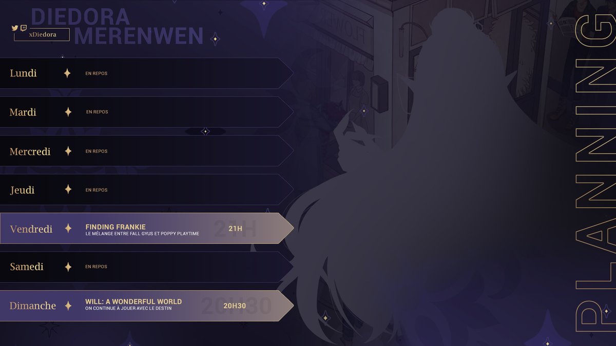 xDiedora's tweet image. Nouveau planning pour cette semaine !
Je commence a avoir des soirs bien chargés ce qui me laisse peu de temps de stream, mais on s'accroche quand même ~