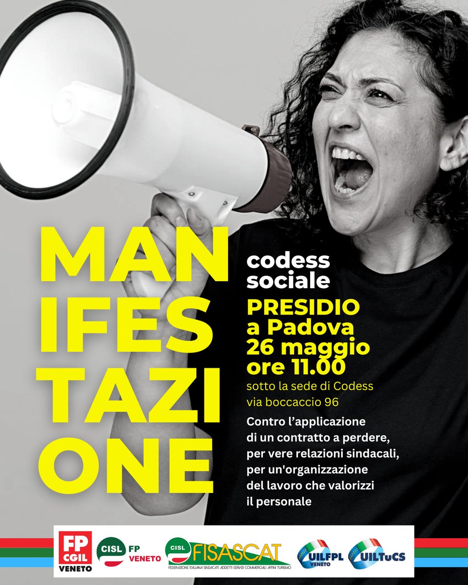 FisascatVeneto's tweet image. 🟩🟩🟩#manifestazione #Codess #presidio #diritti #lavoro

❌PRESIDIO a Padova
26 maggio
ore 11.00

📍sotto la sede di Codess
via boccaccio 96

Contro l&apos;applicazione di un contratto a perdere, per vere relazioni sindacali, per un&apos;organizzazione del lavoro che valorizzi il…