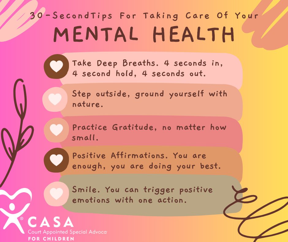 Your mental health matters—every day, not just today.  
Here are some simples tips for taking care of yourself. It’s okay to ask for help, to rest, to put yourself first. Healing isn’t linear, but every step forward counts. 💛 #MentalHealthAwareness #YouAreNotAlone #EndTheStigma