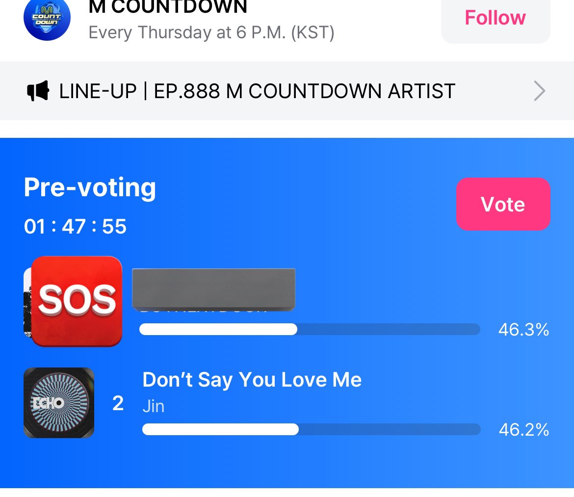 🆘🆘🆘 VOTE ON MNET 🆘🆘🆘

We are losing ‼️‼️

🚨Jin #2 

Vote here: mnetplus.onelink.me/TRa8/94wr5mku?…
❓Guide: jinvotingteam.carrd.co/#mnet

#Dont_Say_You_Love_Me