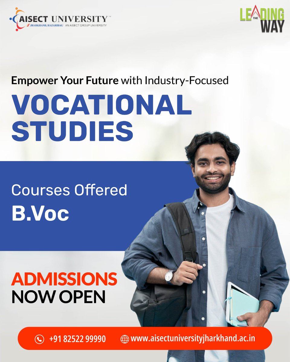AUHazaribagh's tweet image. 🔧📚 Empower your future with industry-ready skills!
Join our B.Voc programs and build a career that works for you. 💼🎓
✨ Admissions Now Open – Apply Today!
#VocationalEducation #BVoc #SkillBasedLearning #CareerReady #AdmissionsOpen