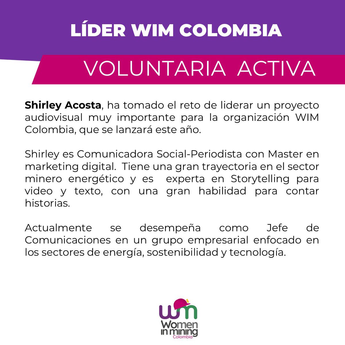 #LIDERESWIM | Presentamos a Shirley Acosta como líder de Proyecto Audiovisual muy importante para nuestra organización que se lanzará este año. 

Shirley es una de nuestras voluntarias #lideresawim , integrante del Comité de Comunicaciones. 💜👩🏻‍💻👷🏻‍♀️