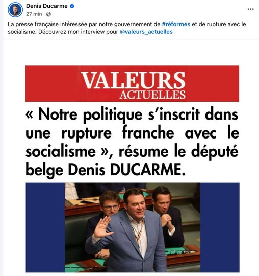 Le MR Denis Ducarme qui tweete sa photo sur  "Valeurs Actuelles"

C'est juste crapuleux d'être fier de figurer sur ce torchon d'extrême-droite, et je pèse mes mots

Politiquement, les libéraux francophones se situent désormais entre la N-Va et le VB