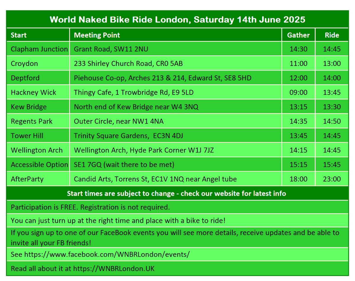 Here is the complete list of WNBR London starts for 2025.  Please share everywhere with everyone who might be interested. 

Great news - the Deptford start is back.  The new owners of the venue have agreed to host the start - which is great for privacy, body painting, drinks and