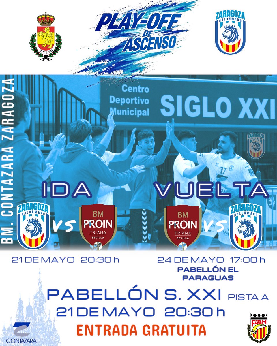 ZaragozaBM's tweet photo. 🚨 PLAY-OFF DE ASCENSO
💙 Nuestra mejor jugada sois vosotros, la afición.
Sin vuestro apoyo, no hay victoria. ¡Llenad las gradas y empujad al equipo con vuestra voz!

🎟️ Entrada gratuita

IDA
📆Miercoles 21 - 20:30 h
VUELTA
🗓24 - 17 h

#ÚneteAlPoderdelRugido
#BmContazaraZaragoza https://t.co/msMutbtSXR