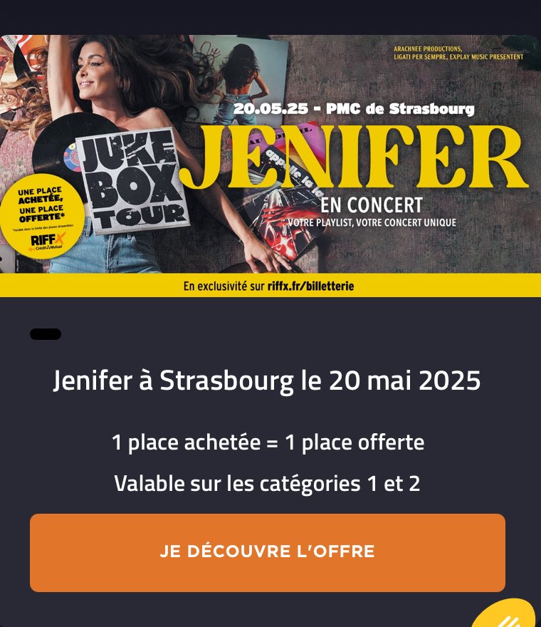 UniversJenifer's tweet photo. #Jenifer en concert à Strasbourg demain soir 🎶 offre spéciale 👉🏻 https://t.co/R8NdNysPhd

#Strasbourg #Alsace #Concert #Jukeboxtour https://t.co/mBBKUBHmqB