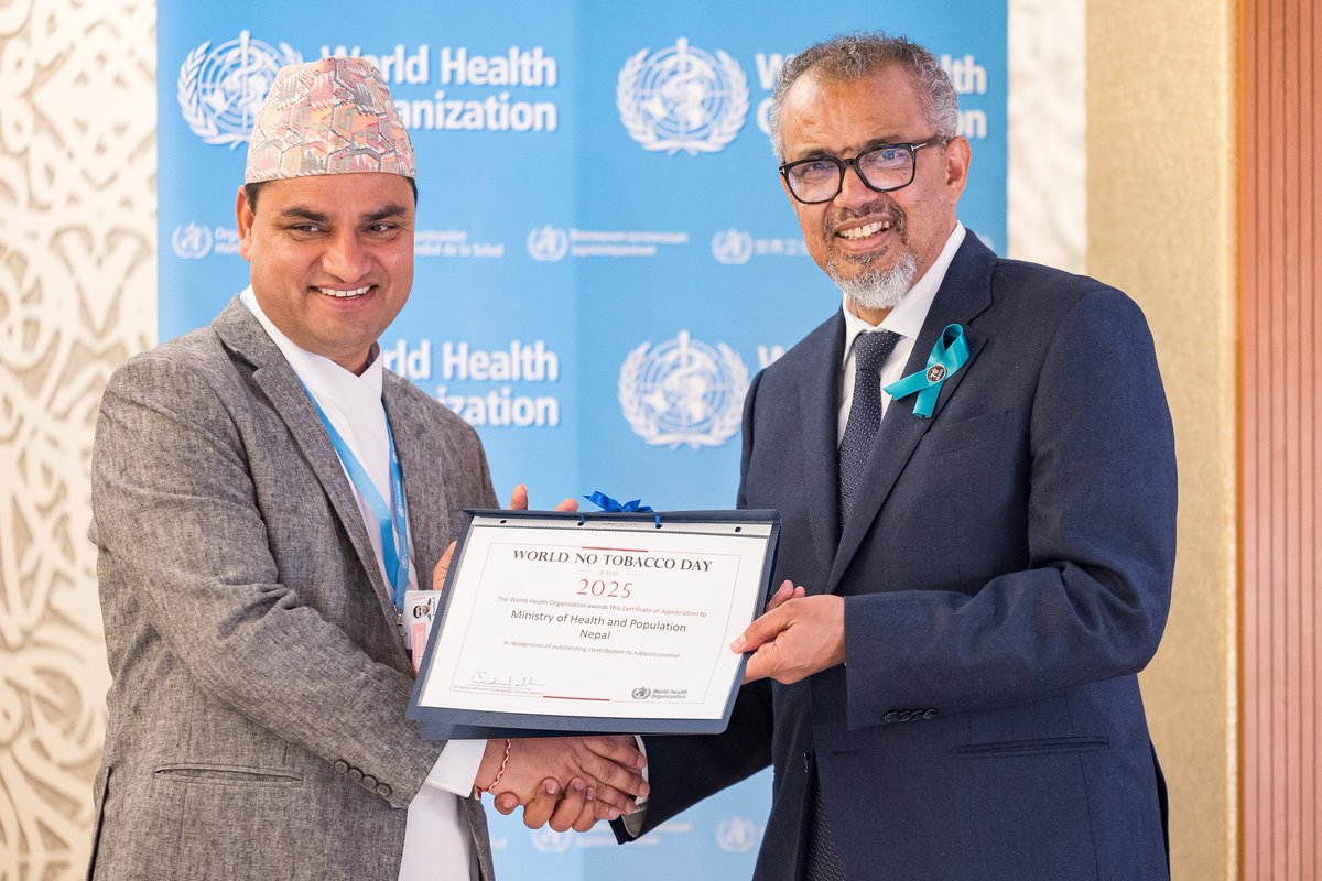 WHO Nepal (@whonepal) on Twitter photo 👏 Congratulations to Ministry of Health & Population🇳🇵on receiving the #WorldNoTobaccoDay 2025 Award from <a href="/WHO/">World Health Organization (WHO)</a> Director-General <a href="/DrTedros/">Tedros Adhanom Ghebreyesus</a>.
This prestigious recognition, presented at 78th #WorldHealthAssembly in #Geneva, honours #Nepal’s exceptional efforts in tobacco control 🚭 👏 Congratulations to Ministry of Health & Population🇳🇵on receiving the #WorldNoTobaccoDay 2025 Award from <a href="/WHO/">World Health Organization (WHO)</a> Director-General <a href="/DrTedros/">Tedros Adhanom Ghebreyesus</a>.
This prestigious recognition, presented at 78th #WorldHealthAssembly in #Geneva, honours #Nepal’s exceptional efforts in tobacco control 🚭