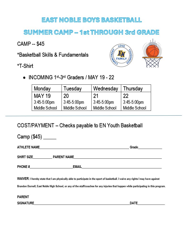 East Noble Boys Basketball (@enknightshoops) on Twitter photo 🏀‼️1st Through 3rd Grade Camp Starts Today‼️🏀
📍3:45-5pm at Middle School
If you have not signed up, and want to come this week… email me bdurnell@eastnoble.net 🏀‼️1st Through 3rd Grade Camp Starts Today‼️🏀
📍3:45-5pm at Middle School
If you have not signed up, and want to come this week… email me bdurnell@eastnoble.net