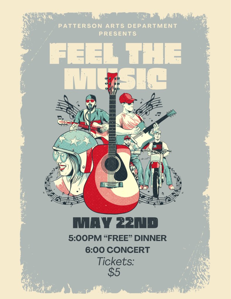 News Flash ~ Hot of the press~  PHS Spring Fling just dropped their SHOW price to one ticket rate $5.00.  DINNER and gallery walk is still FREE!!!  Join the Patterson Arts Department  Thursday, May 22nd at 5PM to Feel the Music!   #KaneStreetCrew