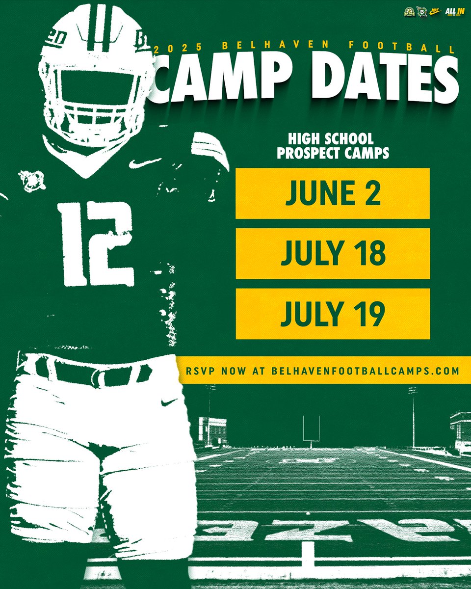 CJ Nightingale (@coach_cdn2) on Twitter photo We are 2โฃ weeks out from our 1st <a href="/BelhavenFB/">Belhaven Football</a> Camp of the Summer! Don't miss out on the opportunity to compete while also learning more about the #FIGHT
๐
Monday, June 2
๐9:00 AM
๐๏ธBelhaven Bowl
Register at: belhavenfootballcamps.com We are 2โฃ weeks out from our 1st <a href="/BelhavenFB/">Belhaven Football</a> Camp of the Summer! Don't miss out on the opportunity to compete while also learning more about the #FIGHT
๐
Monday, June 2
๐9:00 AM
๐๏ธBelhaven Bowl
Register at: belhavenfootballcamps.com