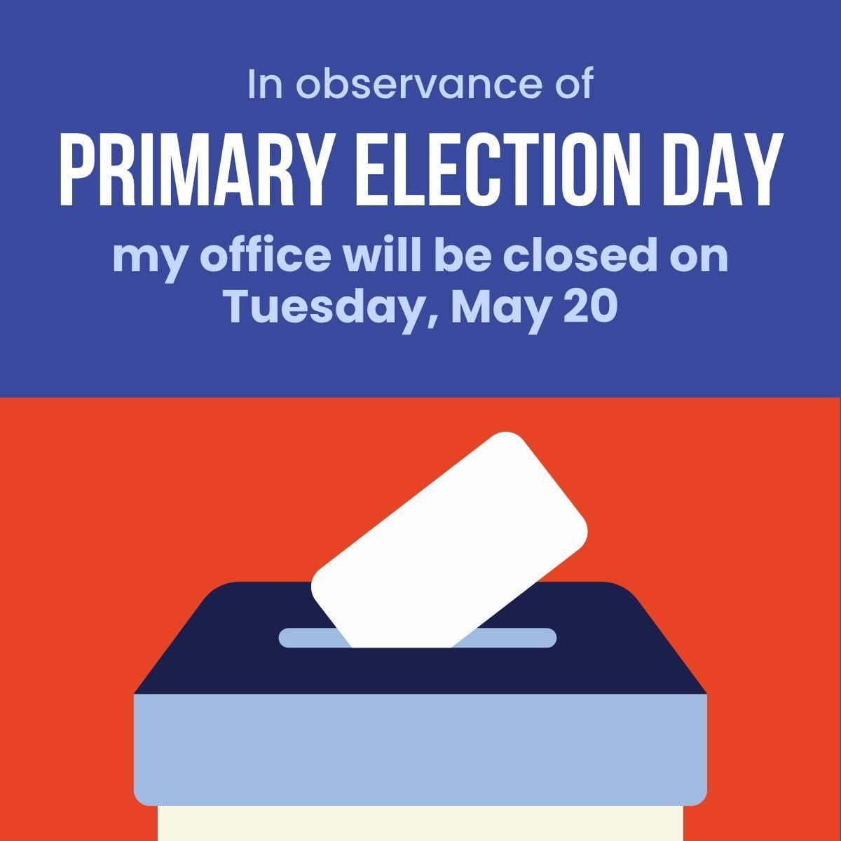Tomorrow, my office will be closed for Election Day. Get out to vote and make your voice heard! You can find your polling place at vote.pa.gov/polls