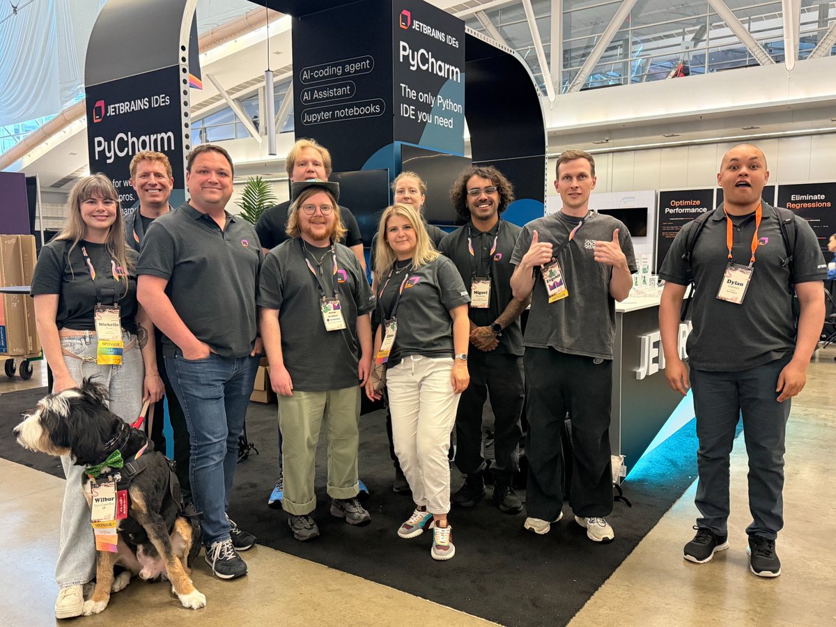 pycharm's tweet image. Smiles, swag, and Python spirit π
Weβre happy to be part of the coolest #Python community at #PyConUS 2025!