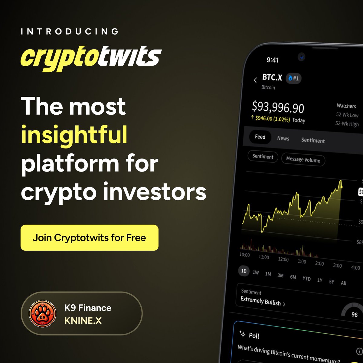 K9 Finance is pairing up with <a href="/CryptotwitsHQ/">Cryptotwits</a> to help users find  the most insightful information available! 🐾

Become a "watcher" for $Knine on CryptoTwits this week and get instant updates on the best platform to track your portfolio!
