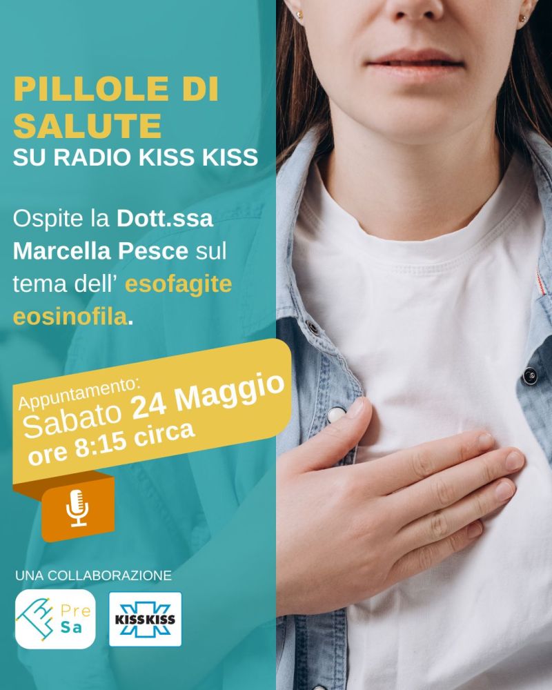 🎙 Appuntamento da non perdere su <a href="/radiokisskiss/">Radio KissKiss</a> 
📅 Sabato 24 maggio, alle ore 8:15 circa, ai microfoni di Radio Kiss Kiss interverrà la dottoressa Marcella Pesce, ricercatrice in gastroenterologia presso l’Università degli Studi di Napoli Federico II.