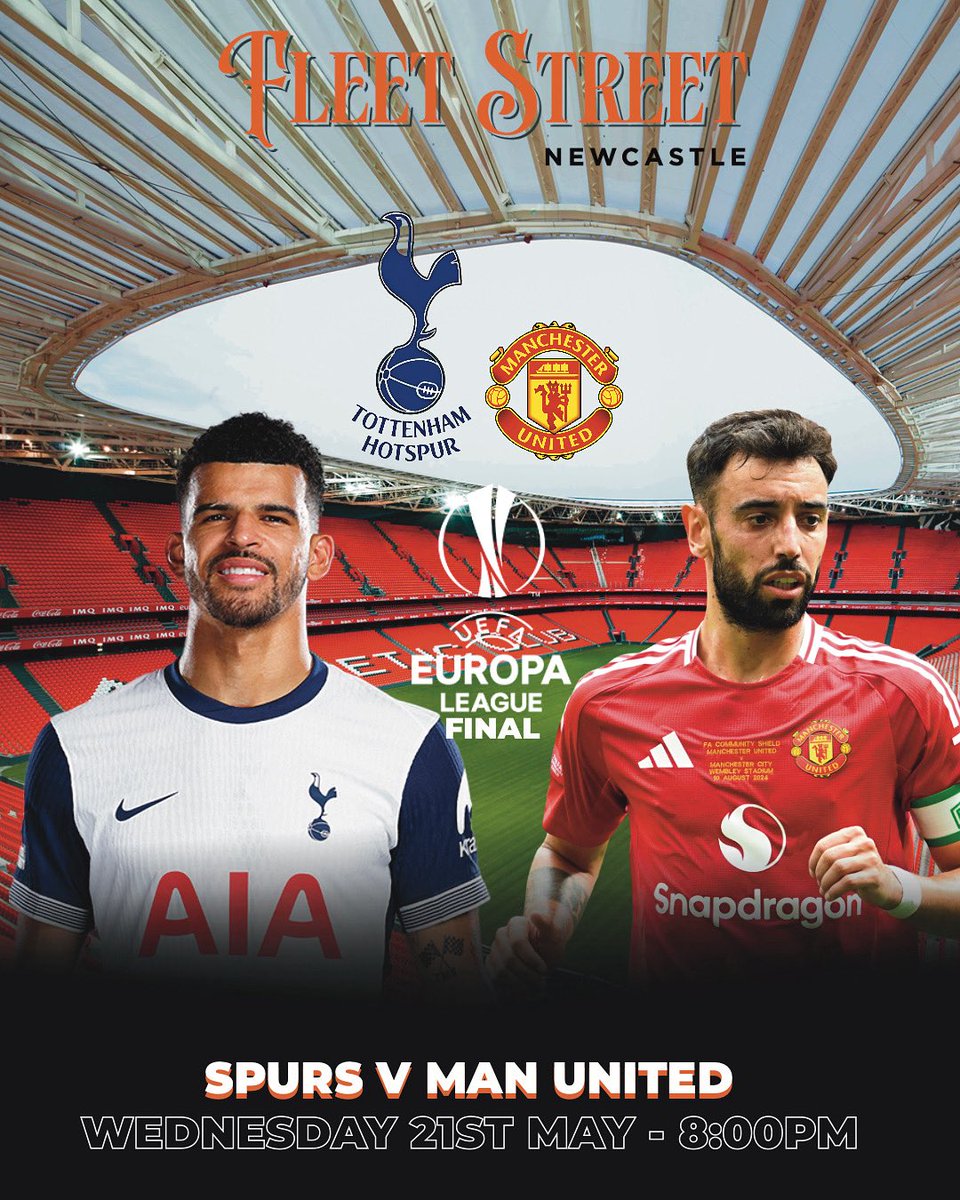⚽️ EUROPA LEAGUE FINAL LIVE! ⚽️                         Join us at Fleet Street as Spurs take on Man United in the Europa League final!🏆🔥
📅 Wednesday 21st May
🕗 Kick-off: 8:00PM
🎉 Big screens • Cold pints • Class atmosphere

Get in early, grab a pint, and settle in for a